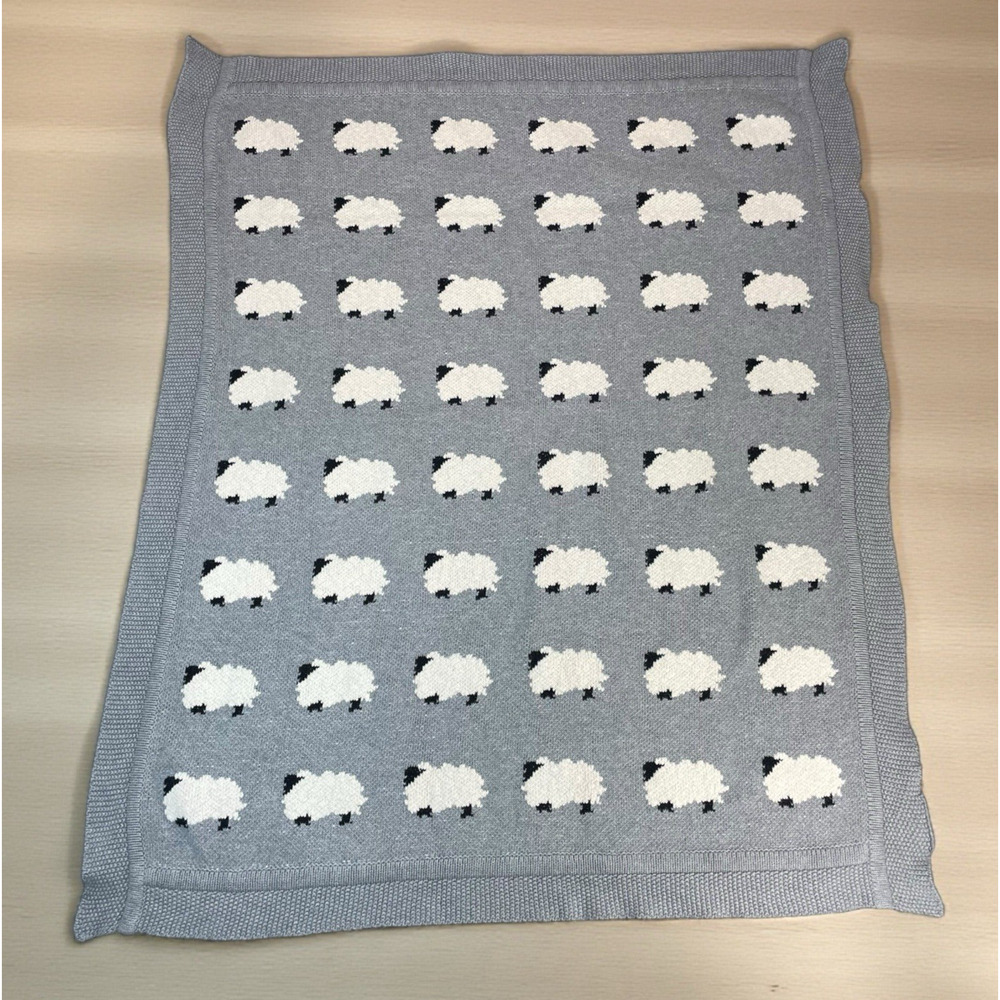 Knit Baby Blanket All Over White Sheep Design Farmhouse Lovey Throw 39 x 32 Gray